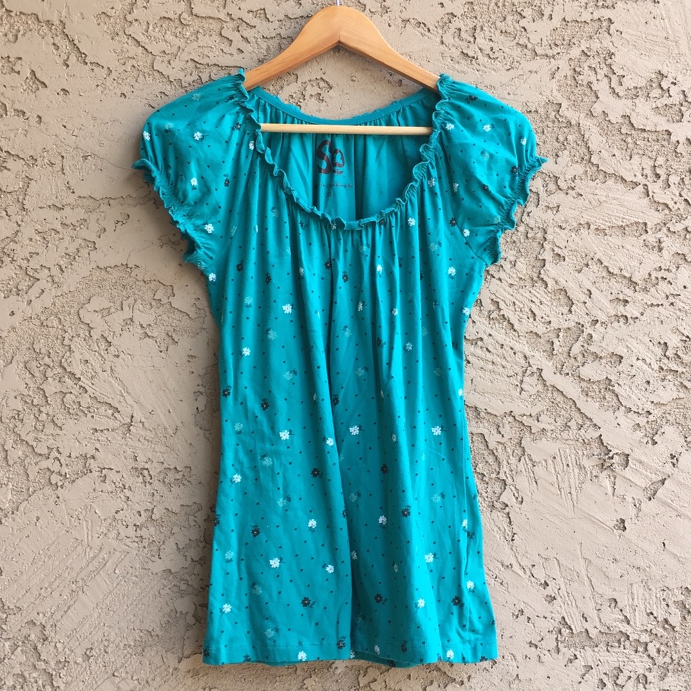 Cute Little Flowers Teal Blouse T-Shirt Juniors XL